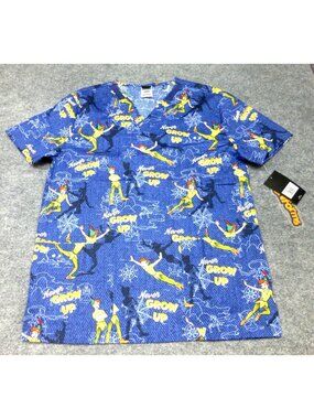 NWT Disney Tooniforms Peter Pan "Never Grow Up" Unisex Scrub Top Modern Fit Blue
